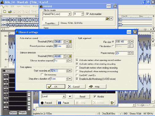 Окно Record Settings